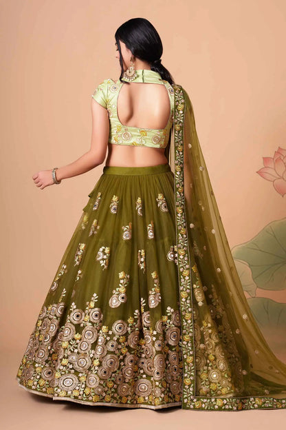 Mehndi Soft Net Lehenga With Thread Zari Dori And Sequins Embroidery With Mirror Work