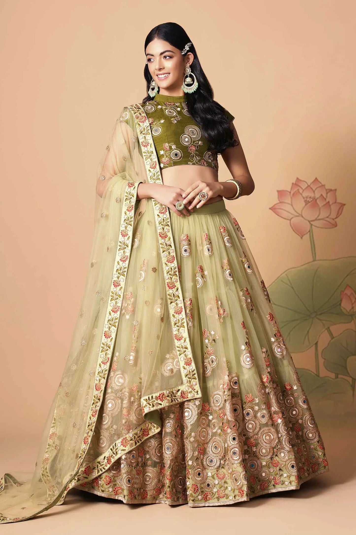 Pista Soft Net Lehenga With Thread Zari Dori And Sequins Embroidery With Mirror Work