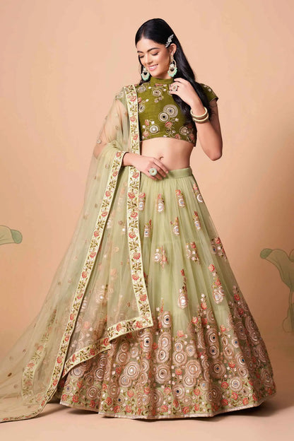 Pista Soft Net Lehenga With Thread Zari Dori And Sequins Embroidery With Mirror Work