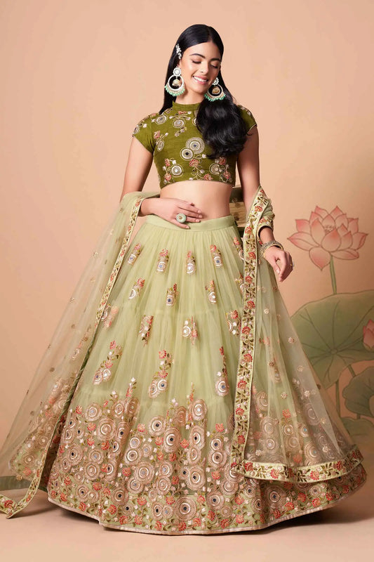 Pista Soft Net Lehenga With Thread Zari Dori And Sequins Embroidery With Mirror Work