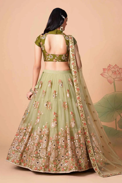 Pista Soft Net Lehenga With Thread Zari Dori And Sequins Embroidery With Mirror Work