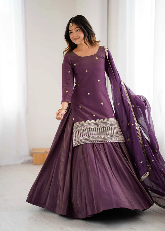 Old Mauve Silk Lehenga & Embroidered Kurta