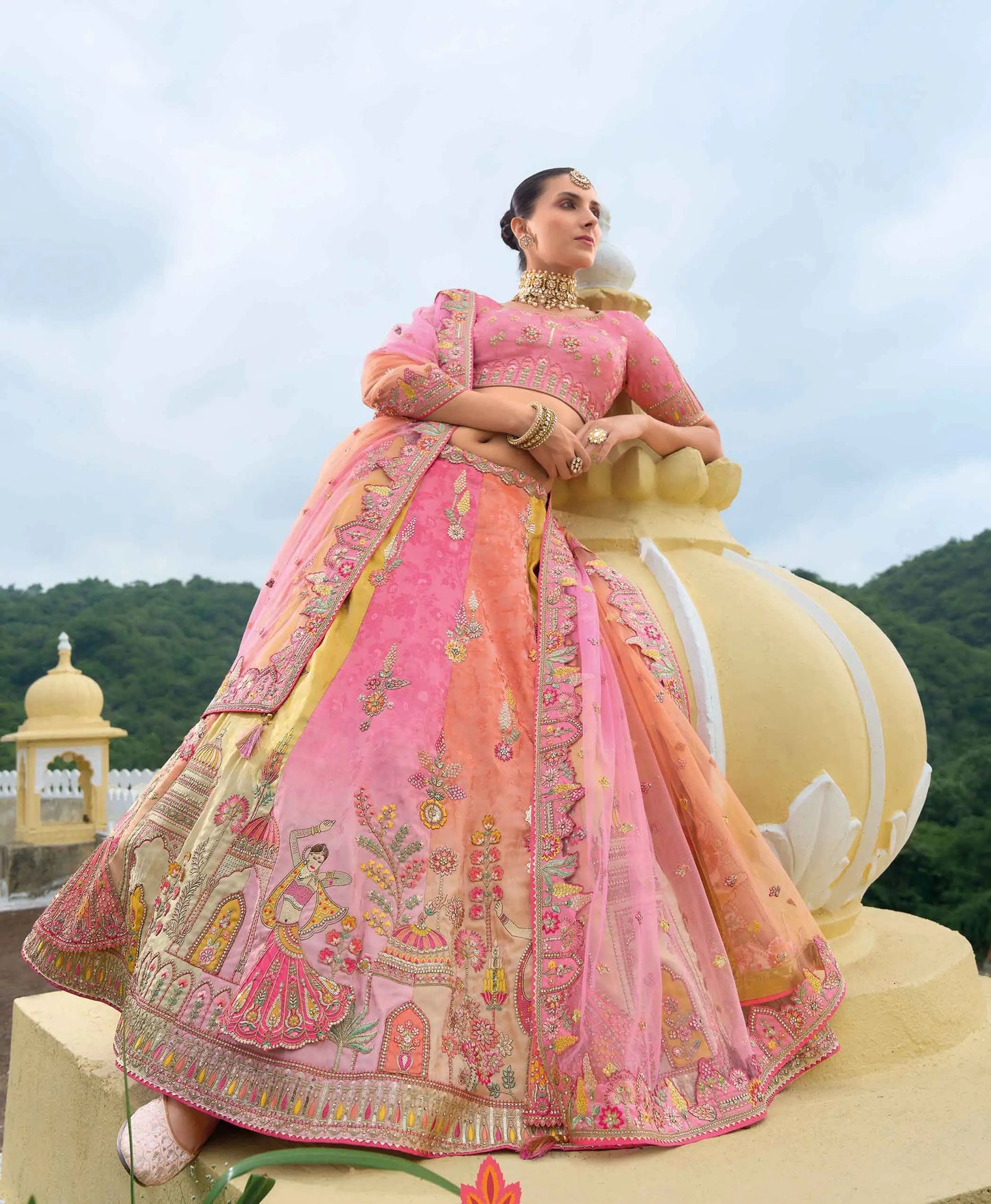 Multi-Pastel Bridal Lehenga With Heavy Khatli & Embroidery