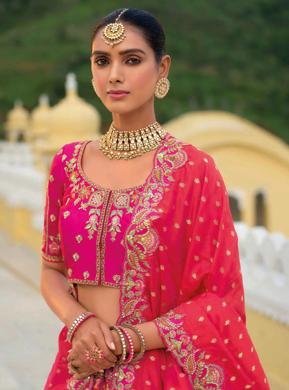 Orange Pink Bridal Lehenga With Heavy Khatli & Embroidery