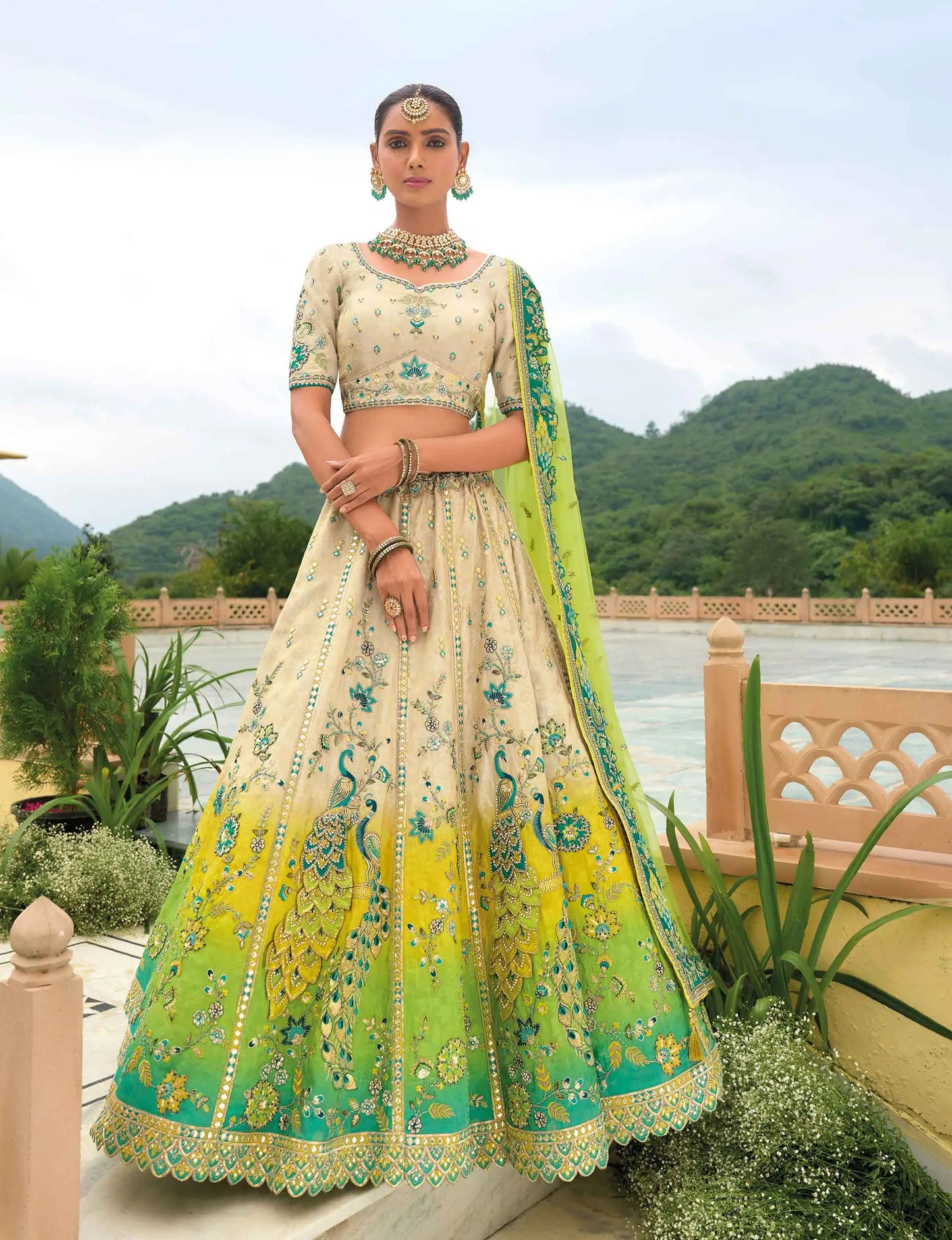 Beige Bridal Lehenga With Heavy Embroidery Peacock Work