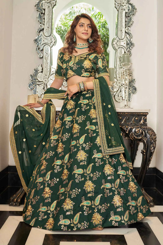 Green Art Silk Lehenga With Thread Zari Dori And Sequins Embroidery Work