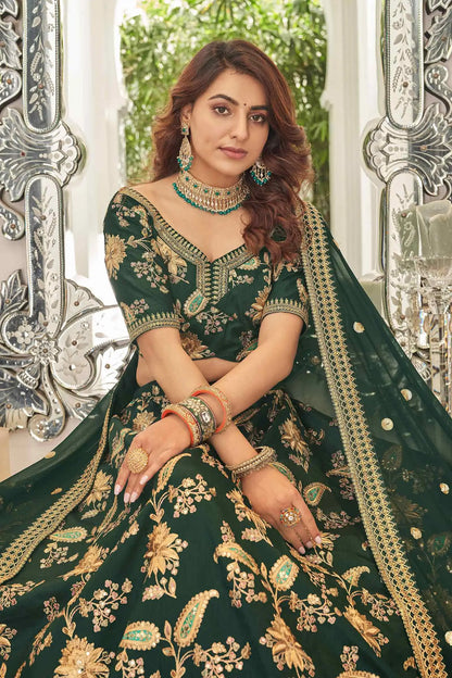 Green Art Silk Lehenga With Thread Zari Dori And Sequins Embroidery Work