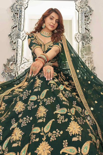 Green Art Silk Lehenga With Thread Zari Dori And Sequins Embroidery Work