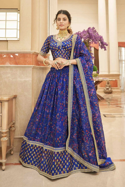 Blue Organza Floral Print Lehenga With Thread Zari Dori And Sequins Embroidery Work