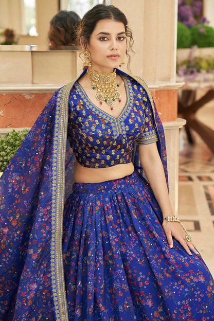 Blue Organza Floral Print Lehenga With Thread Zari Dori And Sequins Embroidery Work