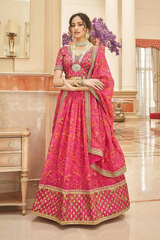 Pink Organza Floral Print Lehenga With Thread Zari Dori And Sequins Embroidery Work