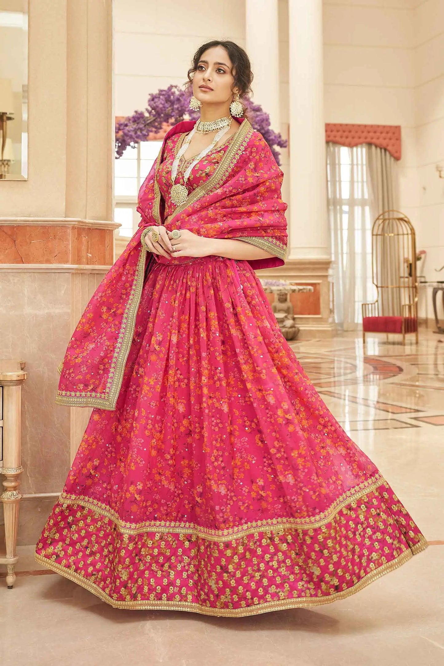 Pink Organza Floral Print Lehenga With Thread Zari Dori And Sequins Embroidery Work