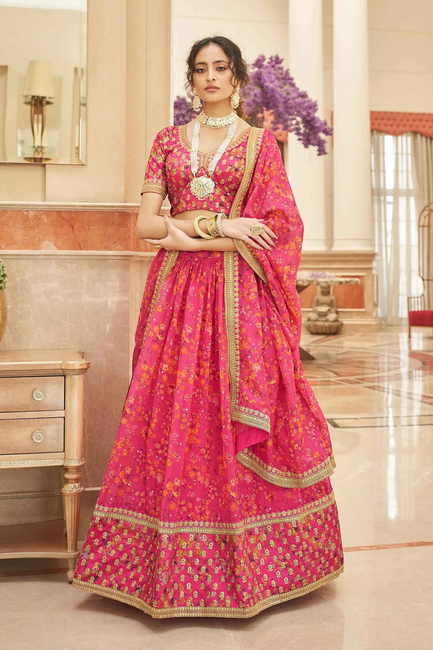 Pink Organza Floral Print Lehenga With Thread Zari Dori And Sequins Embroidery Work