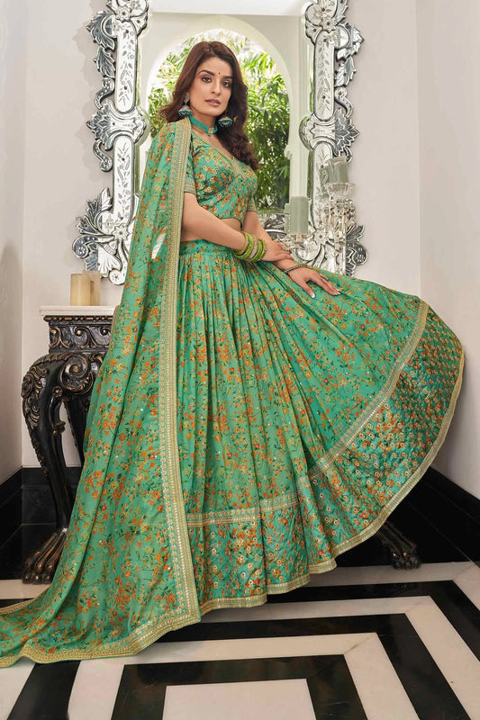 Pista Organza Floral Print Lehenga With Thread Zari Dori And Sequins Embroidery Work