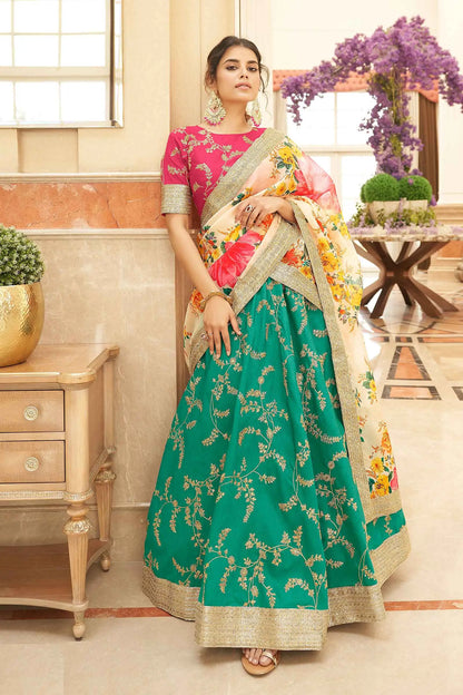 Green White Art Silk Lehenga With Thread Zari Dori And Sequins Embroidery Work