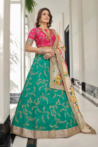 Green White Art Silk Lehenga With Thread Zari Dori And Sequins Embroidery Work