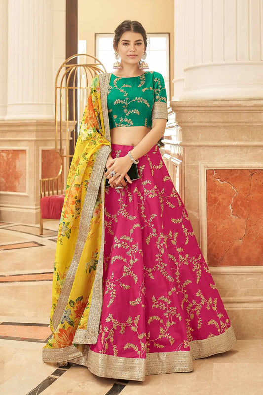 Pink Yellow Art Silk Lehenga With Thread Zari Dori And Sequins Embroidery Work