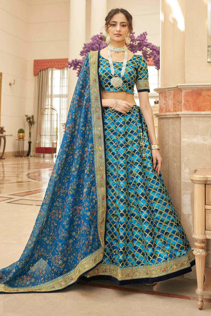 Blue Thread Zari Dori And Sequins Embroidery Work Art Silk Lehenga Choli