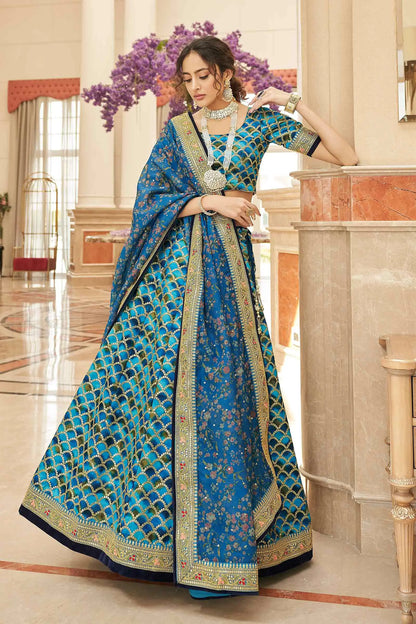 Blue Thread Zari Dori And Sequins Embroidery Work Art Silk Lehenga Choli