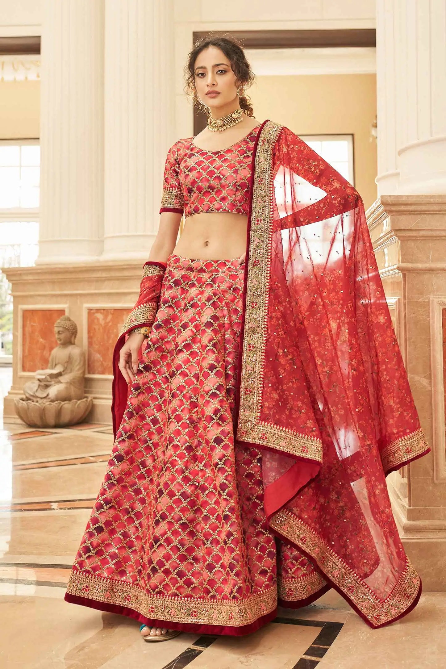 Red Brown Lehenga With Thread Zari Dori And Sequins Embroidery Work With Dupatta