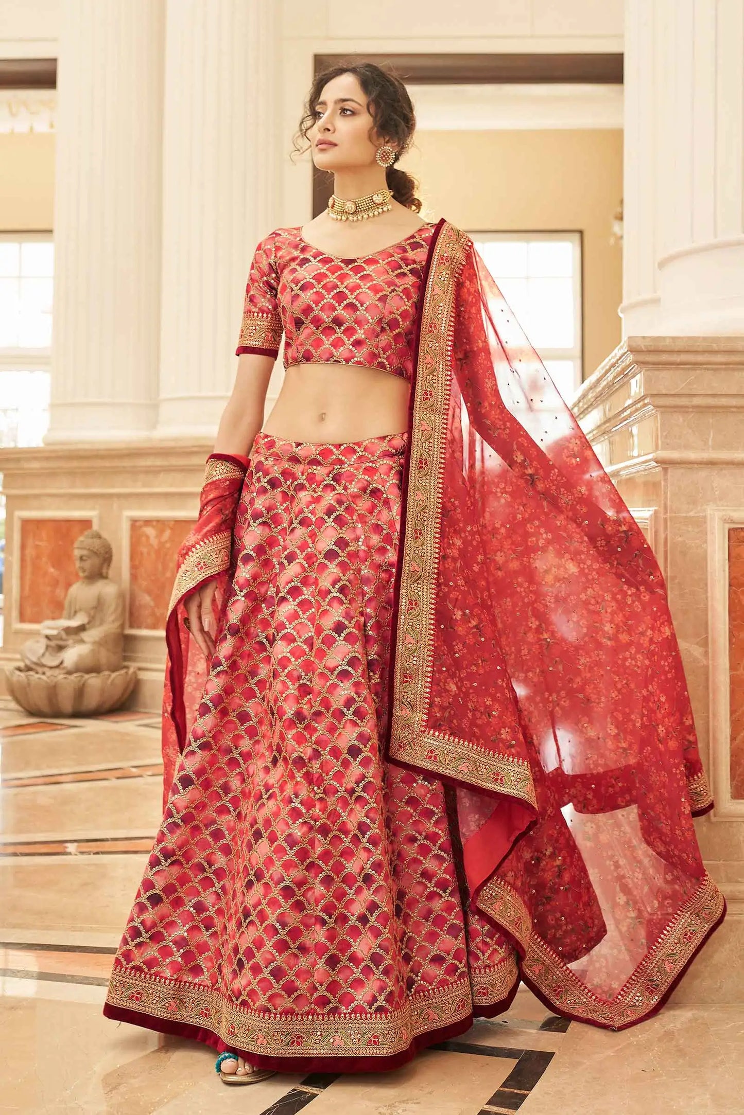 Red Brown Lehenga With Thread Zari Dori And Sequins Embroidery Work With Dupatta