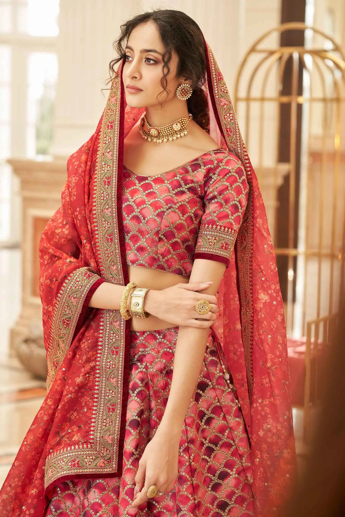 Red Brown Lehenga With Thread Zari Dori And Sequins Embroidery Work With Dupatta