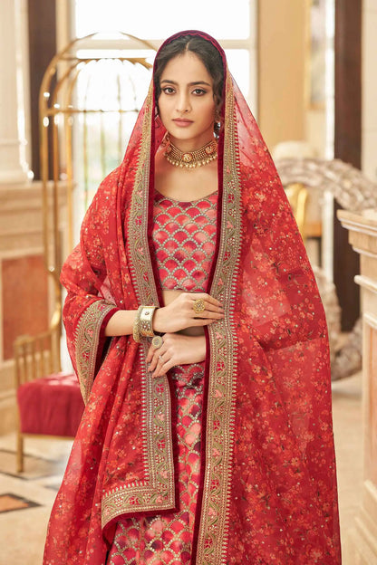 Red Brown Lehenga With Thread Zari Dori And Sequins Embroidery Work With Dupatta