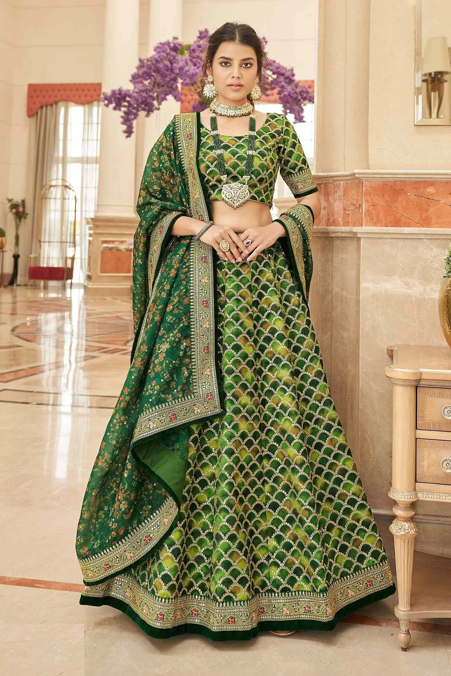 Green Lehenga With Thread Zari Dori And Sequins Embroidery Work With Dupatta