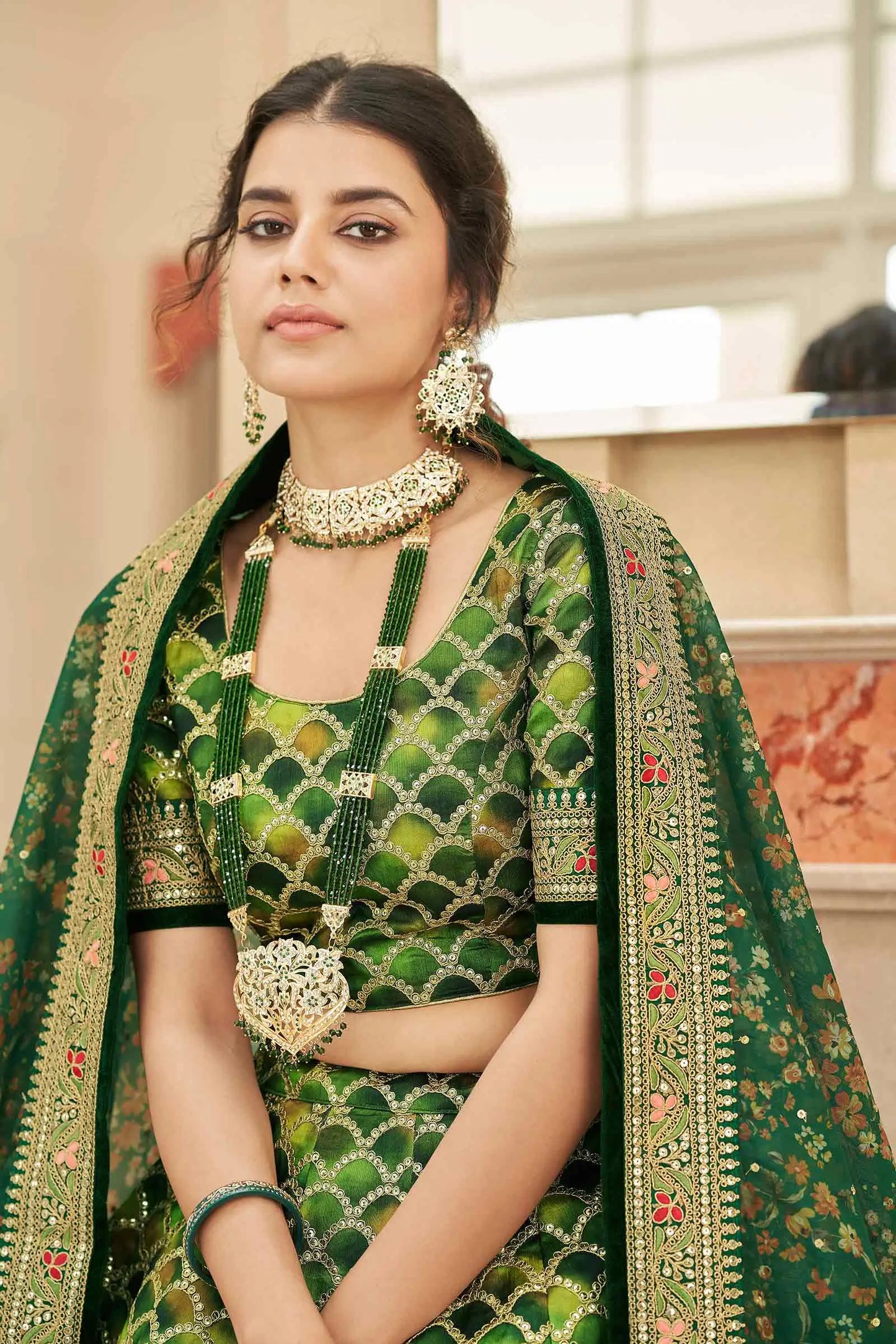 Green Lehenga With Thread Zari Dori And Sequins Embroidery Work With Dupatta