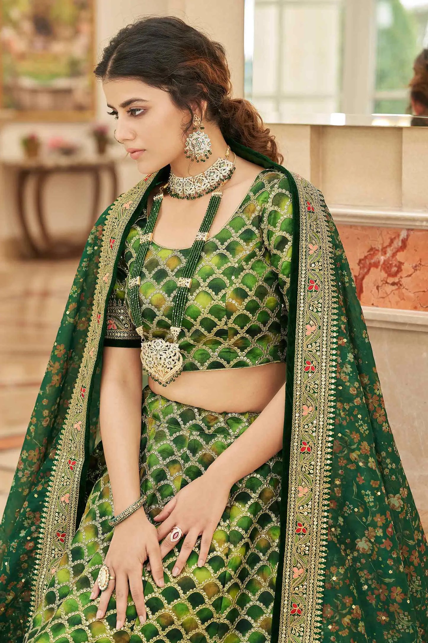 Green Lehenga With Thread Zari Dori And Sequins Embroidery Work With Dupatta