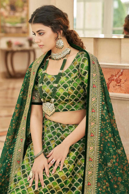 Green Lehenga With Thread Zari Dori And Sequins Embroidery Work With Dupatta