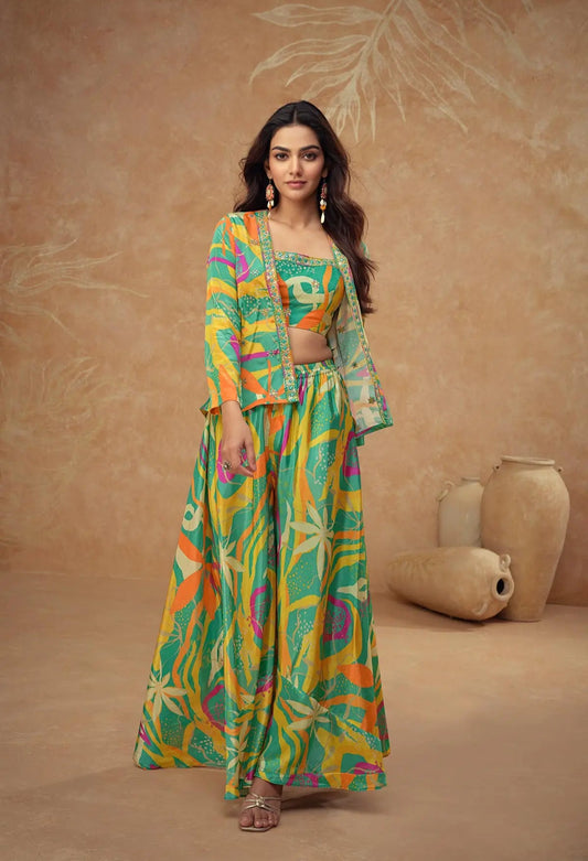 Sea Green Multicolor Chinon Silk Indo Western With Print & Embroidery