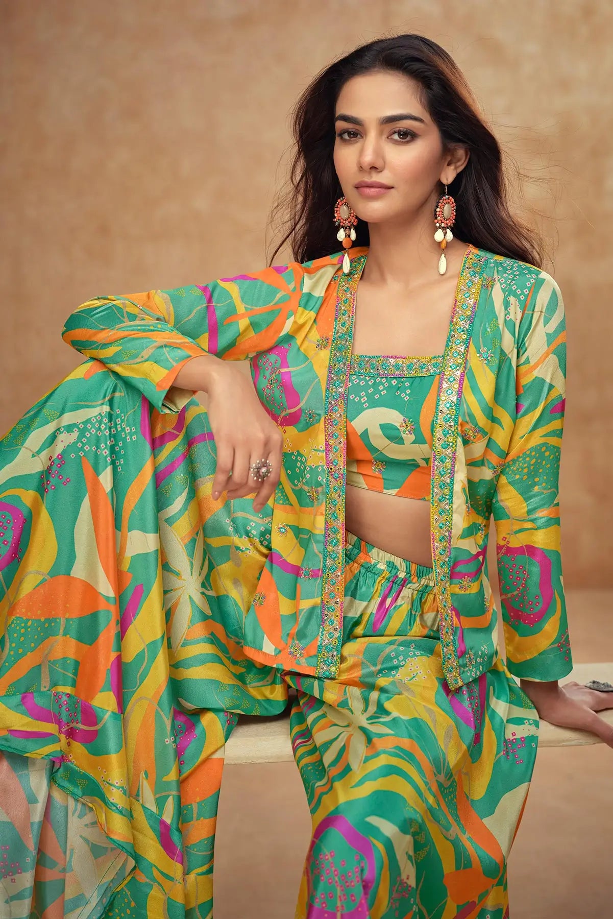Sea Green Multicolor Chinon Silk Indo Western With Print & Embroidery
