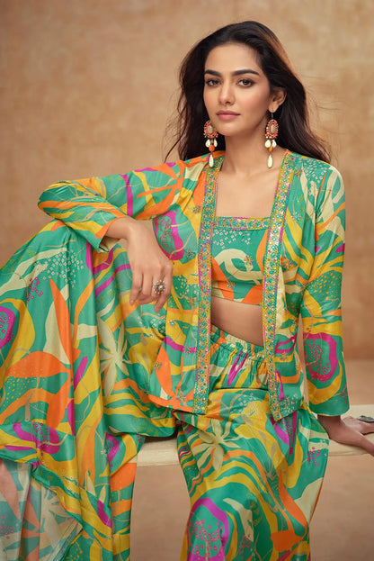Sea Green Multicolor Chinon Silk Indo Western With Print & Embroidery