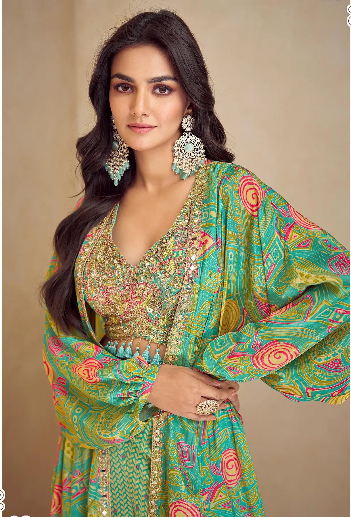 Pista Green Multicolor Chinon Silk Indo Western Set With Print, Embroidery & Hand Work