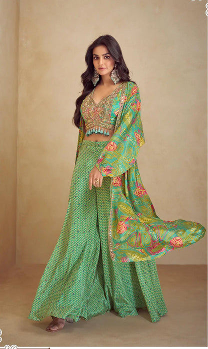 Pista Green Multicolor Chinon Silk Indo Western Set With Print, Embroidery & Hand Work