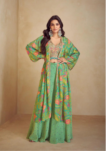 Pista Green Multicolor Chinon Silk Indo Western Set With Print, Embroidery & Hand Work