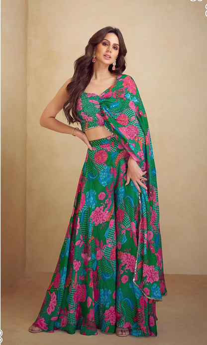 Green Multicolor Chinon Silk Indo Western Set With Print, Embroidery & Hand Work