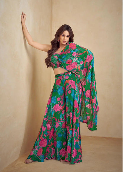 Green Multicolor Chinon Silk Indo Western Set With Print, Embroidery & Hand Work