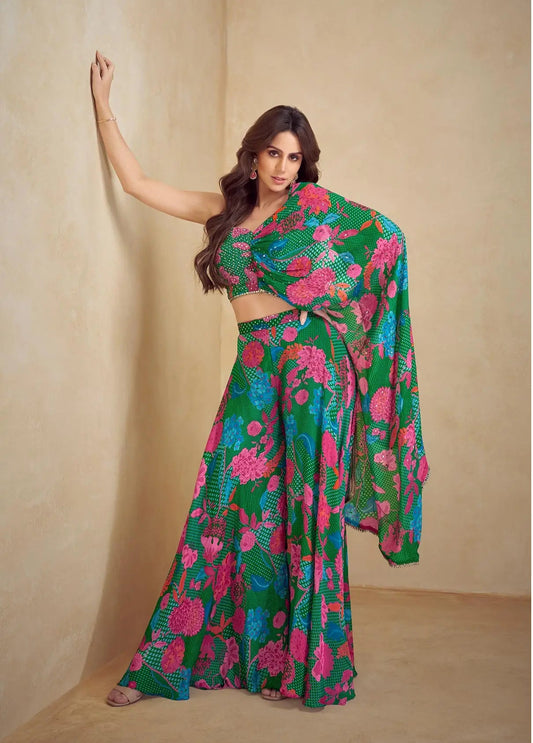 Green Multicolor Chinon Silk Indo Western Set With Print, Embroidery & Hand Work