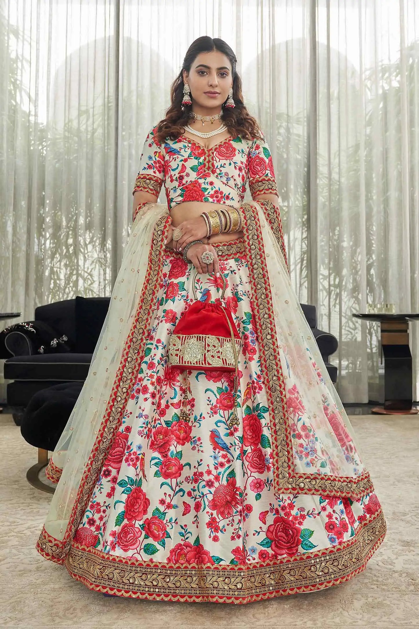 White Red Art Silk Lehenga With Digital Floral Print With Dori Sequins And Stone Work