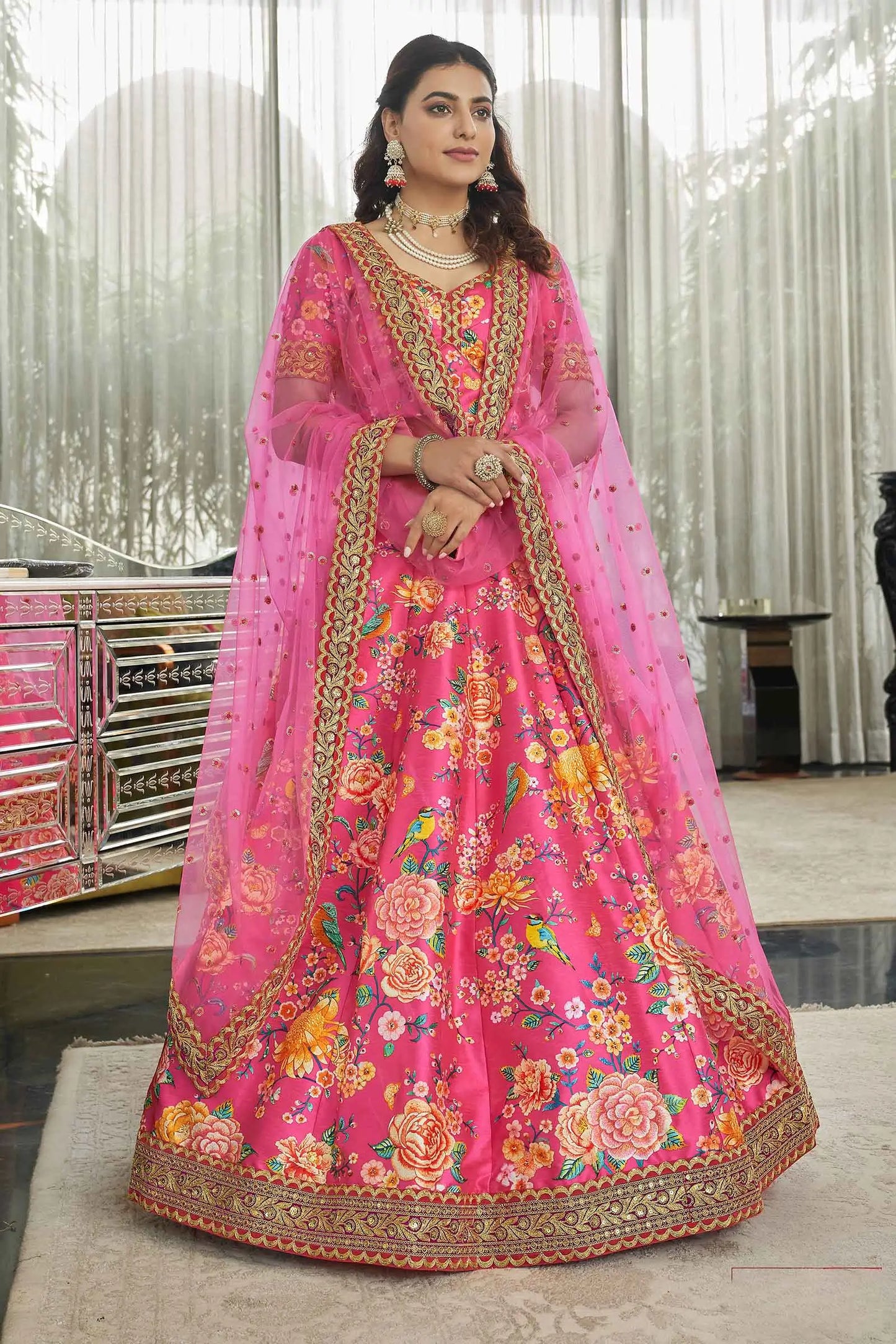 Deep Pink Art Silk Lehenga With Digital Floral Print With Dori Sequins And Stone Work