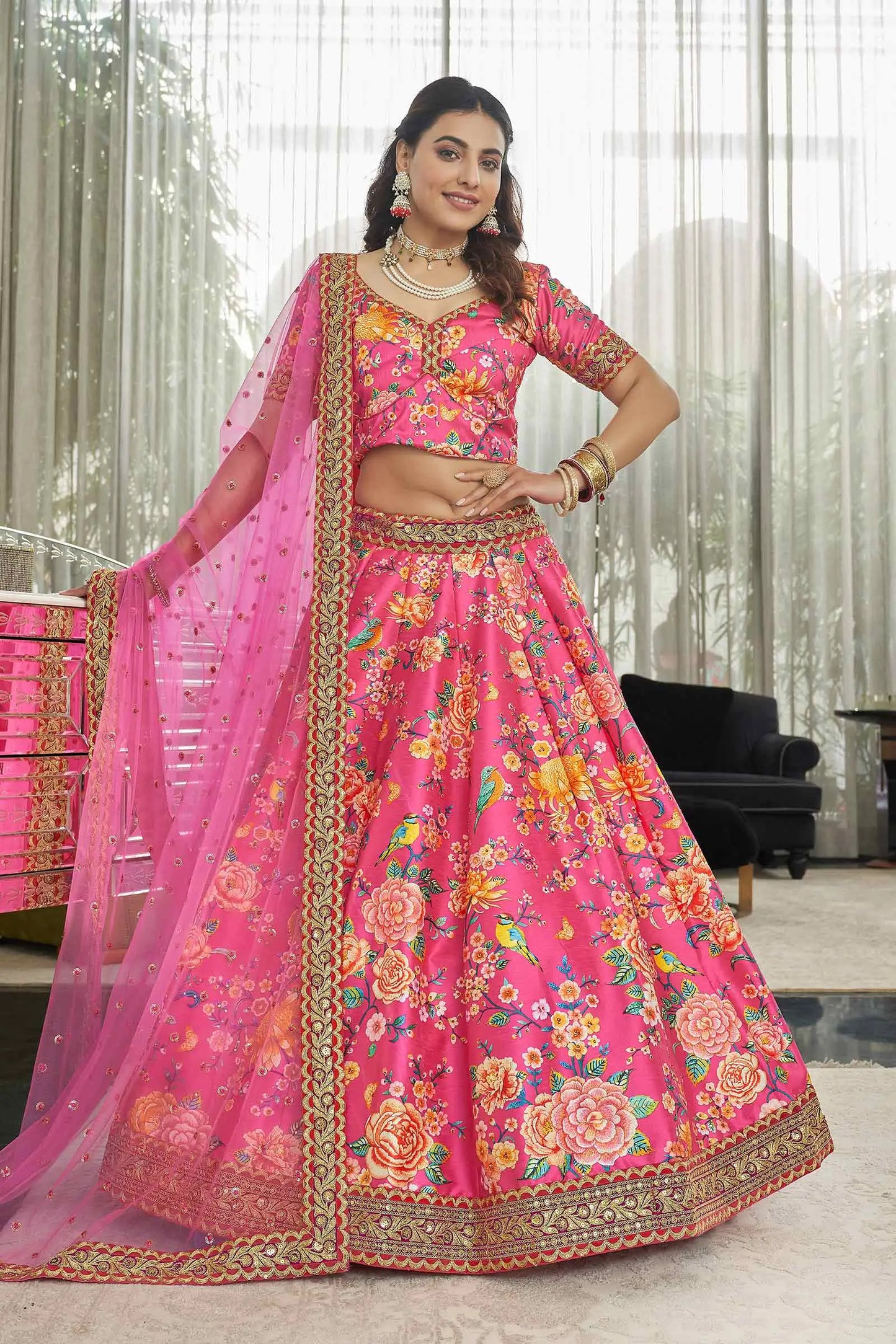 Deep Pink Art Silk Lehenga With Digital Floral Print With Dori Sequins And Stone Work