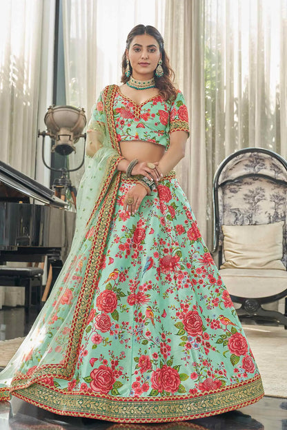 Mint Red Art Silk Lehenga With Digital Floral Print With Dori Sequins And Stone Work