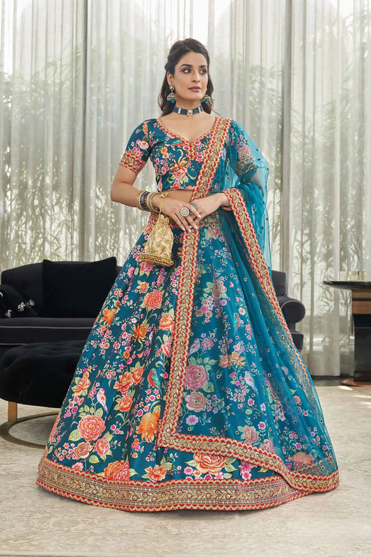 Teal Blue Art Silk Lehenga With Digital Floral Print With Dori Sequins And Stone Work