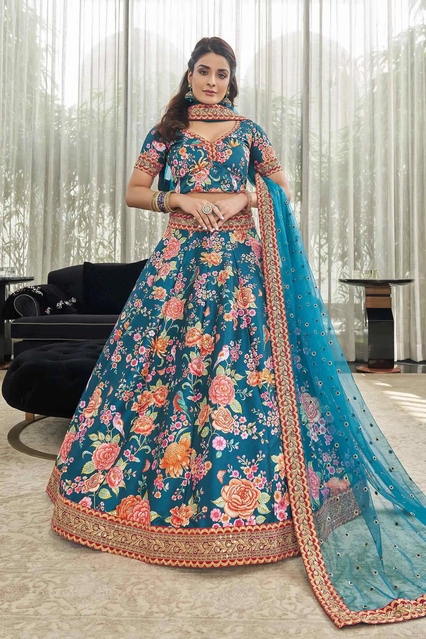 Teal Blue Art Silk Lehenga With Digital Floral Print With Dori Sequins And Stone Work