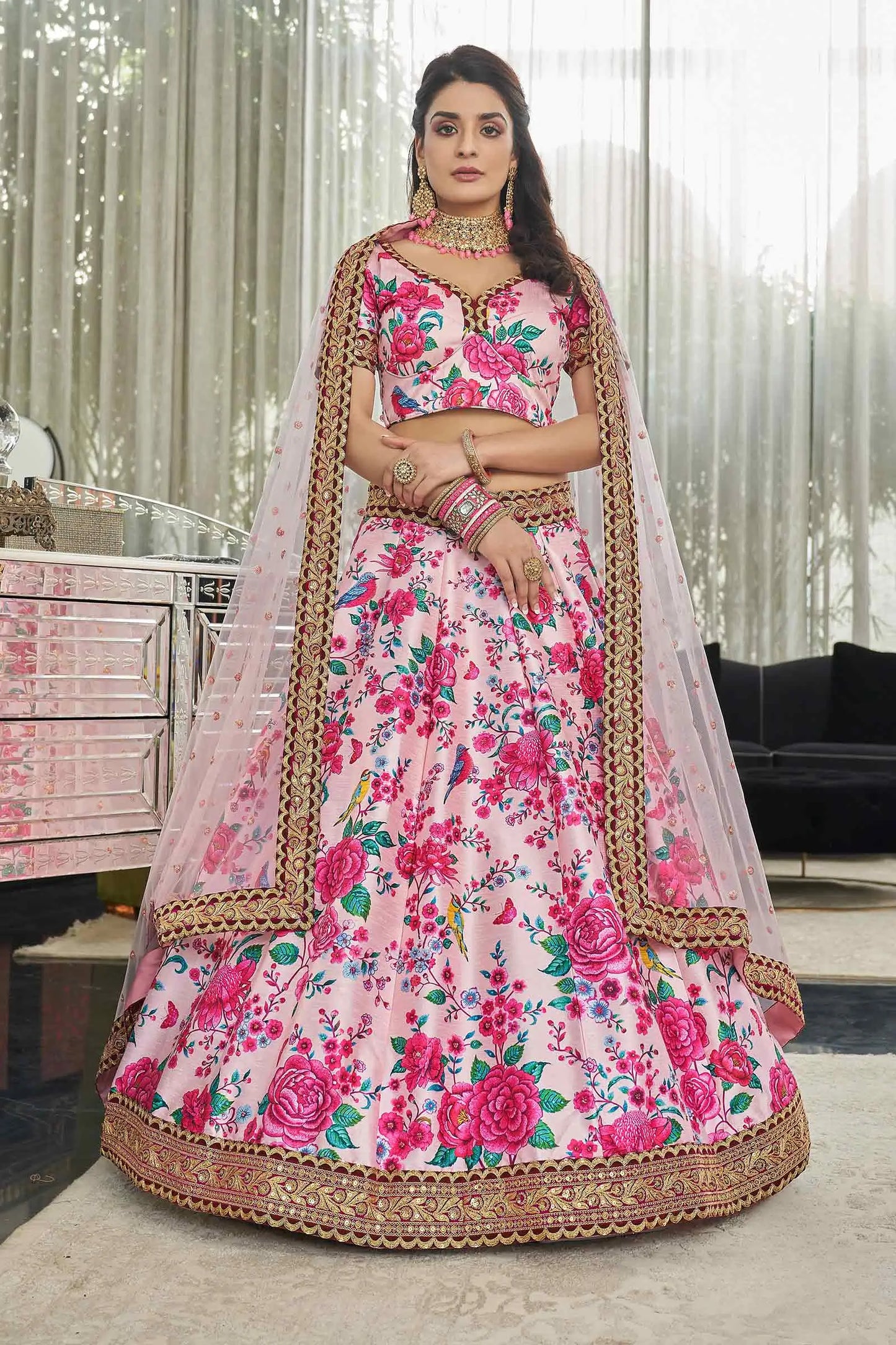 Light Pink Art Silk Lehenga With Digital Floral Print With Dori Sequins And Stone Work