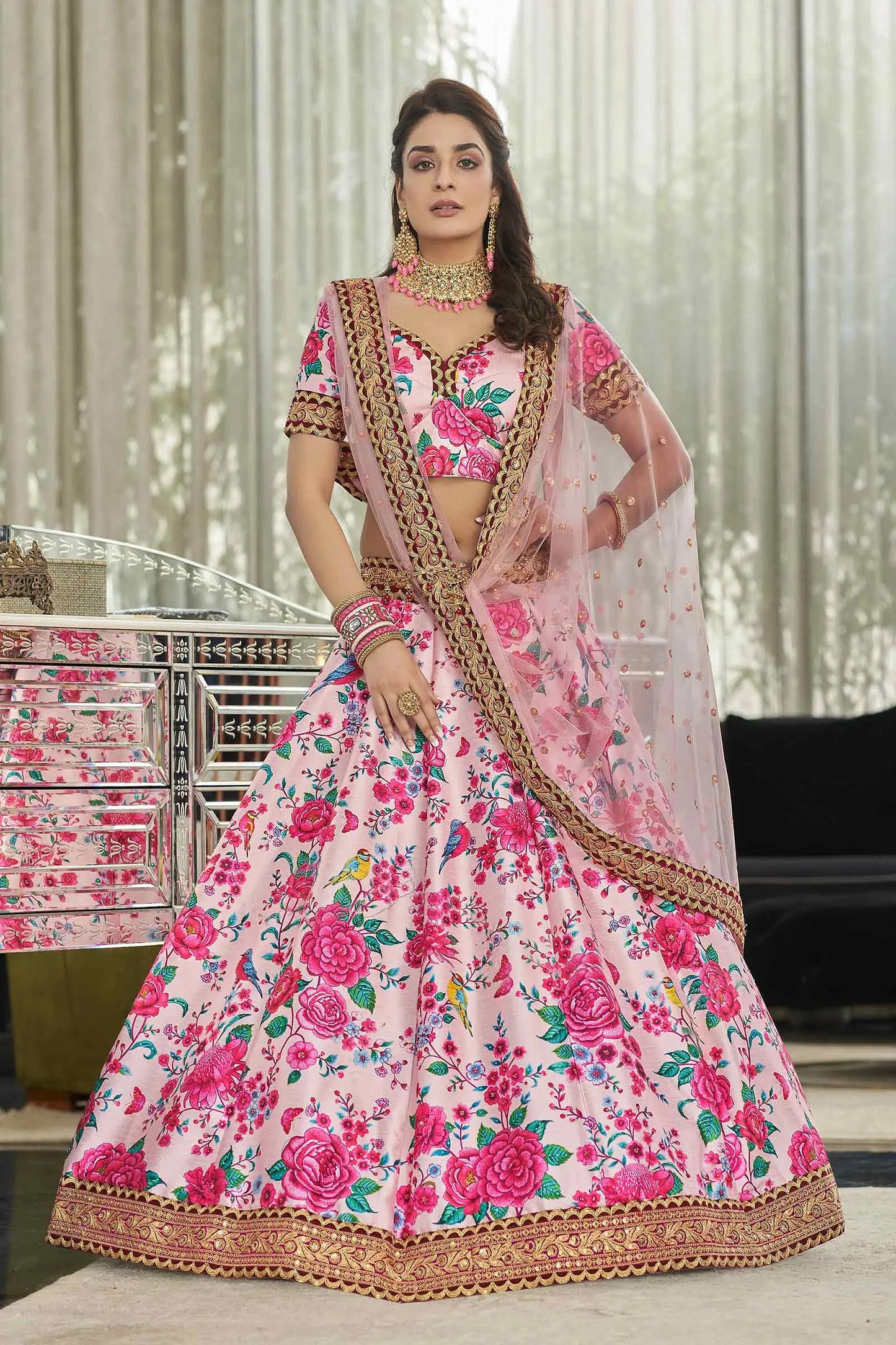 Light Pink Art Silk Lehenga With Digital Floral Print With Dori Sequins And Stone Work