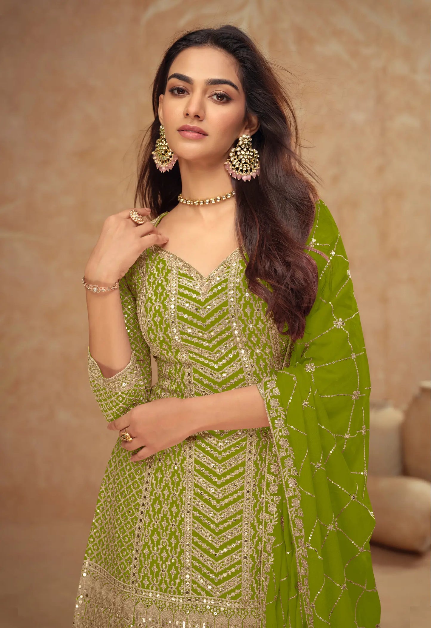 Parrot Green Chinon Silk Embroidery Plazzo Suit