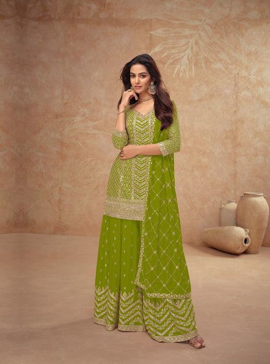 Parrot Green Chinon Silk Embroidery Plazzo Suit